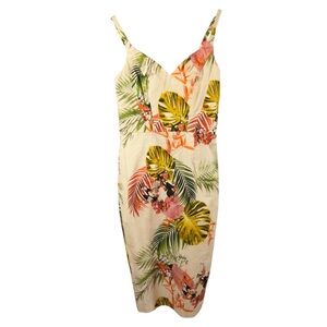 ASOS Tropical Print Midi Dress in Cream, Green, Yellow, Pink